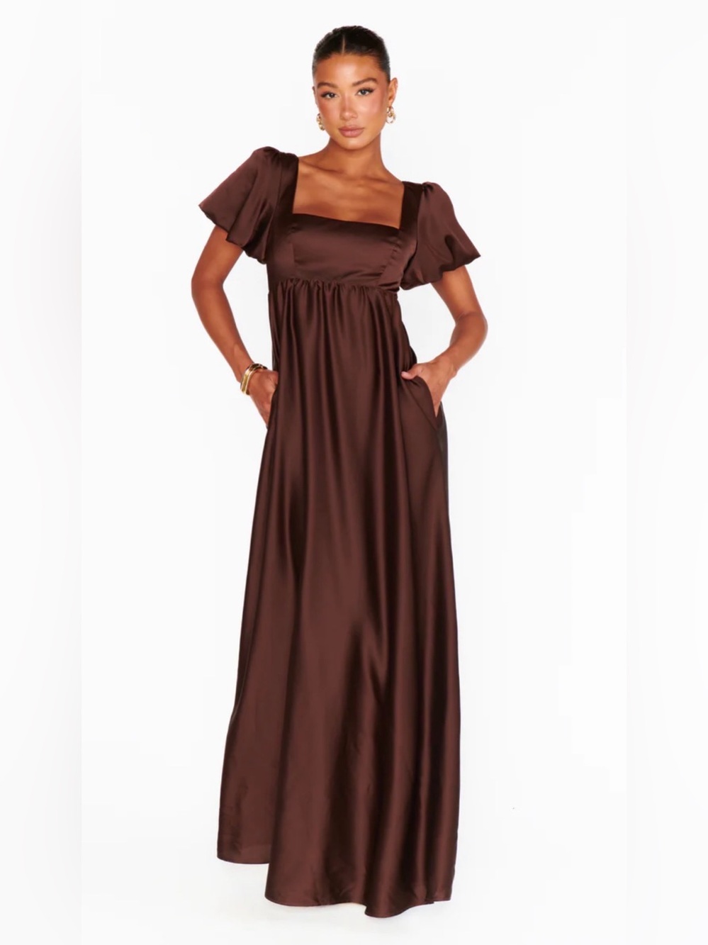 Show Me Your MuMu Brown Satin Maxi Dress with Puff Sleeves